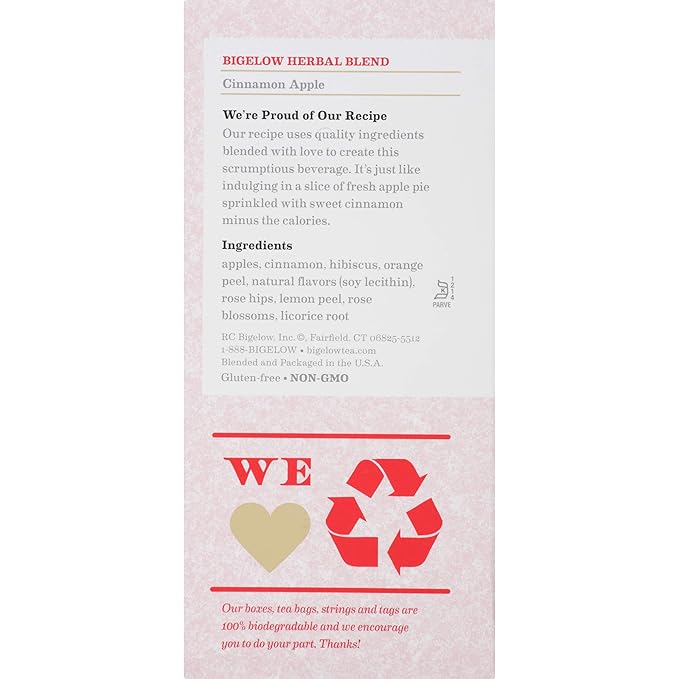 Bigelow Cinnamon Apple Herbal Tea Bags 28-Count Box (Pack of 3) Cinnamon Apple Hibiscus Flavored Herbal Tea Bags All Natural Non-GMO