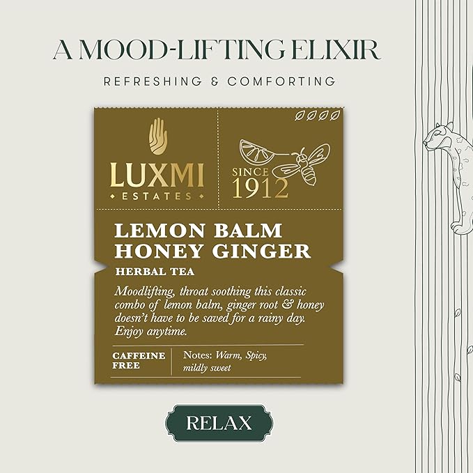 Luxmi Estates - Lemon Balm Honey Ginger - 50 Tea Bags | Organic Lemon Balm Tea with Honey and Ginger Root | Great for Soar Throat, Immunity and Stress Relief