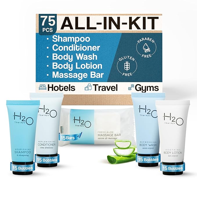 H2O Therapy Hotel Soaps & Toiletries Bulk Set | 1-Shoppe Amenities Kit | 0.85oz Shampoo & Conditioner, Body Wash, Lotion, 1oz Bar Soap | Travel Size | 75 Pieces
