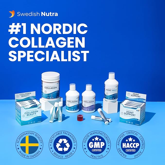 Swedish Nutra - Collagen Beauty | 10,000 mg Hydrolyzed Marine Collagen Liquid Supplement - 60 x 25 ml Daily Shots | Hyaluronic Acid and Vitamin C to Support Healthy Hair, Skin, Nails | Sugar-Free