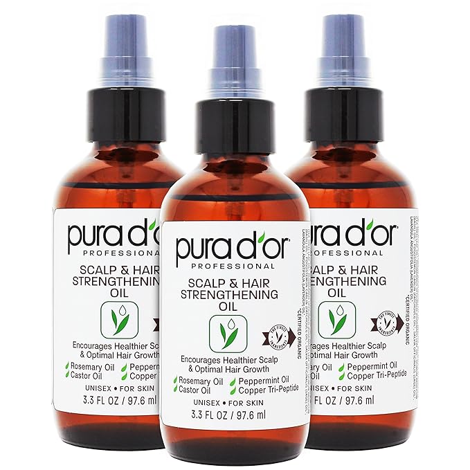 PURA D'OR Scalp & Hair Strengthening Oil (3.3oz x3 = 9.9oz) Supports Optimal Growth, Reduce Breakage, Nourish Roots for Healthier, Fuller, Thicker Hair - Rosemary, Castor & Peppermint Oil