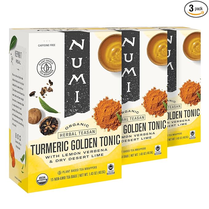 Numi Organic Golden Tonic Turmeric Tea, 15 Tea Bags (Pack of 3) With Lemon Verbena & Lime, Caffeine Free, Packaging May Vary