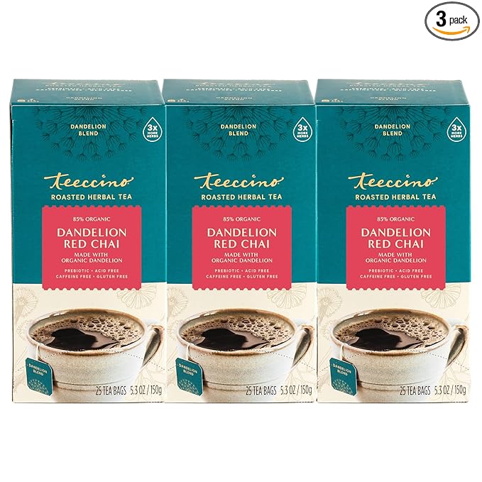 Teeccino Dandelion Red Chai Tea - Caffeine-Free, Roasted Herbal Tea with Prebiotics, 3x More Herbs than Regular Tea Bags, Gluten Free - 25 Tea Bags (Pack of 3)