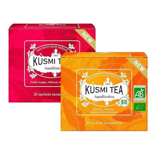 Kusmi Tea - Pack of 2 Boxes of Tea Bags - AquaExotica + AquaRosa - Iced Herbal Tea Recipe - Hibiscus Based Fruit Teas with Apple, Rosehips, Black Berries - Caffeine Free Herbal Tea - 2x20 Tea Bags