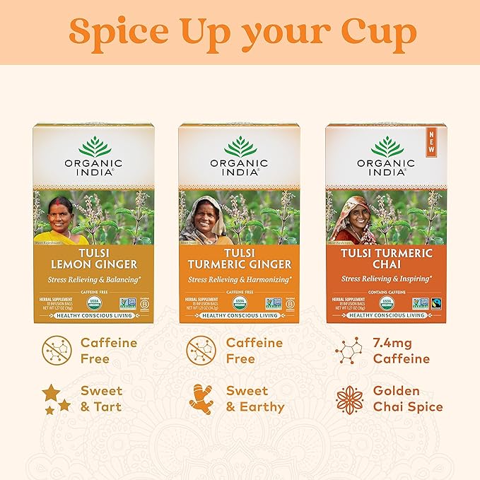 ORGANIC INDIA Tulsi Turmeric Ginger Tea Bags - Herbal Tea, Stress Relieving & Harmonizing, Immune Support, Healthy Inflammatory Response, Aids Digestion, Caffeine-Free - 18 Infusion Bags, 1 Pack