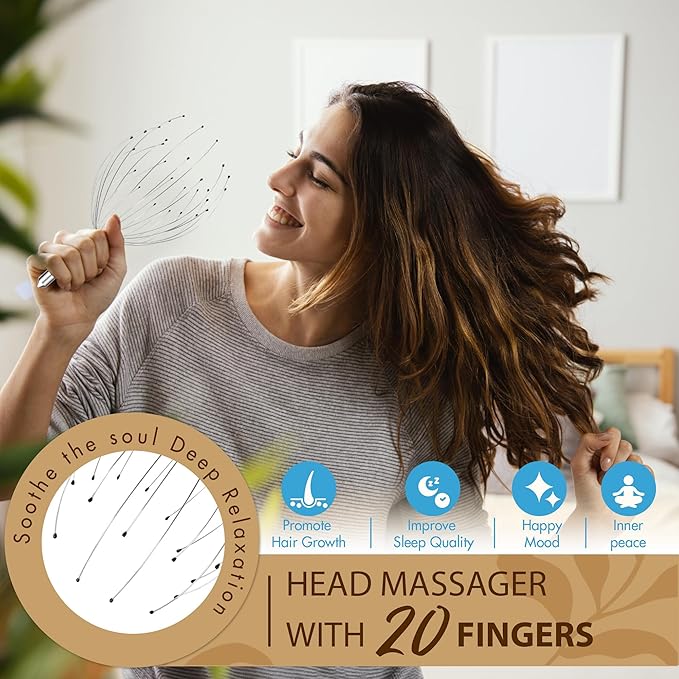 Head Massager 20 Fingers Scalp Massager Head Scratcher, Back Massage Back Scratcher, Stocking Stuffers for Scalp and Body Massage 2 Pack (Silvery)