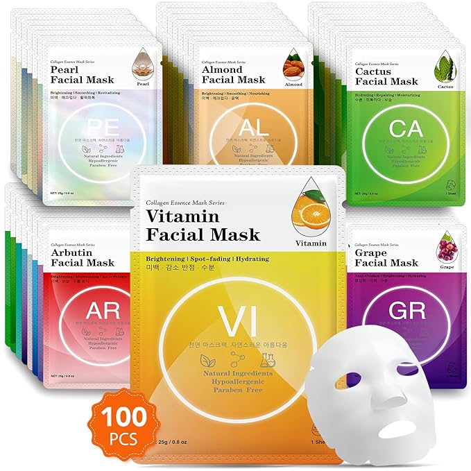 VESPRO 100 Pack Collagen Essence Sheet Facial Masks, Bulk Face Masks Skincare, Hydrating Face Masks for All Skin Types, Moisturizing and Soothing, Natural Skin Care Spa Face Mask