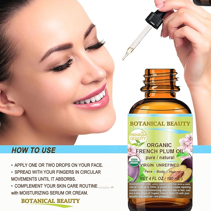 Botanical Beauty Organic French PLUM OIL 100% Pure Natural VIRGIN UNREFINED Cold-Pressed Carrier Oil 4 Fl oz 120 ml for Face, Skin, Body, Hair, Lip, Nails. Rich in Vitamin E, Omega 6, Omega 9
