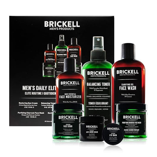 Brickell Men's Daily Elite Face Care Routine I, Toner, Gel Facial Wash, Face Scrub, Anti-Aging Night Cream, Eye Cream, Charcoal Mask and Moisturizer, Natural and Organic, Scented