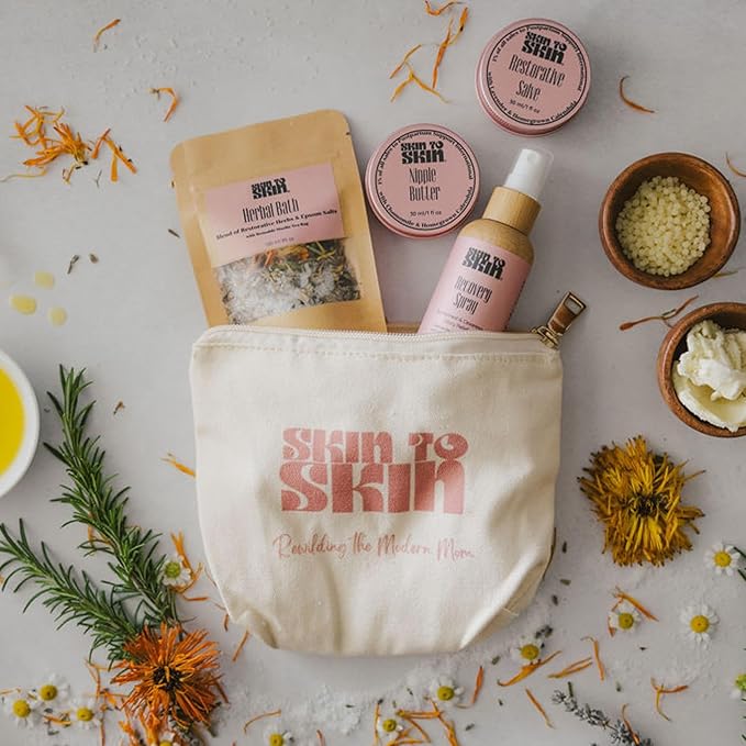 Skin to Skin Postpartum Recovery Kit - 4 Piece Set in Cosmetic Bag - Includes: Herbal Bath, Recovery Spray, Restorative Salve, Nipple Butter - After Birth Care