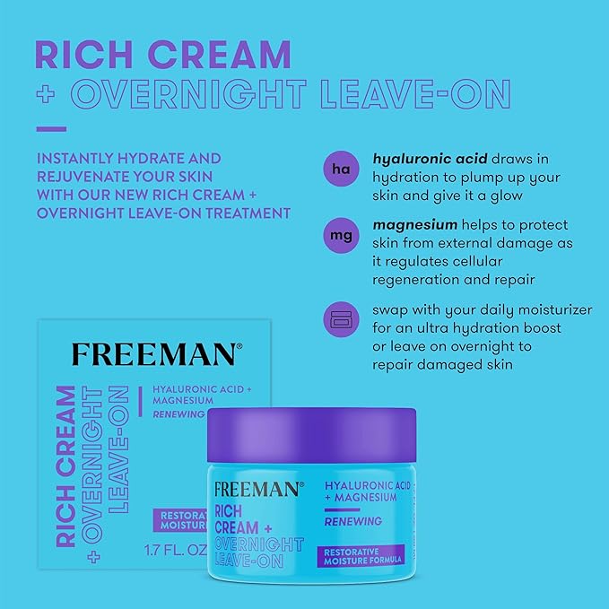 Freeman Rich Cream + Overnight Leave-On, Moisturizing Face Mask, Facial Mask For Dry Skin, Face Cream Infused With Magnesium & Hyaluronic Acid To Hydrate & Soothe Skin, 1.7 fl.oz./ 50 mL Jar