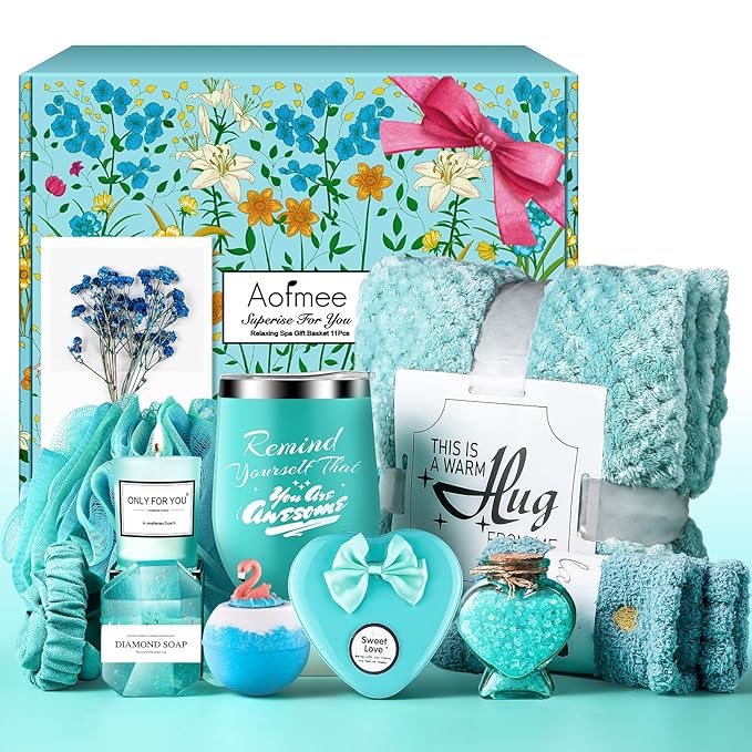 Birthday Gifts for Women, Thinking of You Gift Care Package with Luxury Flannel Blanket for Women Mom Her Wife Friends Sister, Blue Self Care Spa Relaxing Baskets for Christmas Valentines Mothers Day