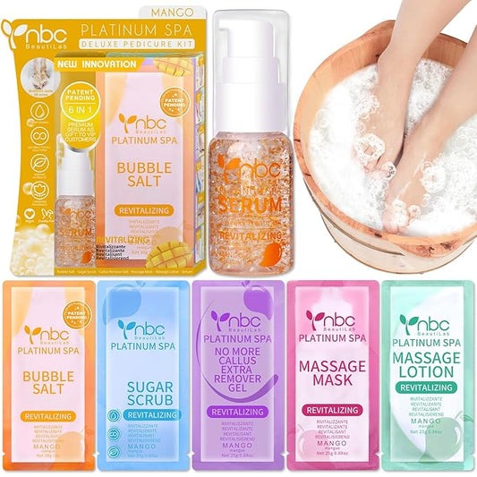 Pedicure Kit Foot Soak Set: Bubble Salt, Sugar Scrub, Massage Mask, Massage Lotion in a Box, 4 Step Foot Spa Kit for Dry Feet, Softens Calluses, Soothes Sore and Tired Feet (Mango)