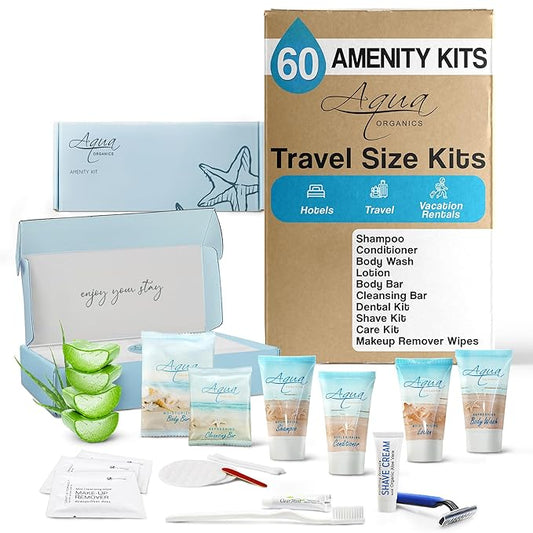 Aqua Organics Amenity & Accessory Kit | 1 oz Shampoo, Conditioner, Lotion, Body Wash, Body Bar, Cleansing Bar, Shave & Dental Sets, Make-Up Wipes, Vanity Kit | 60 Sets