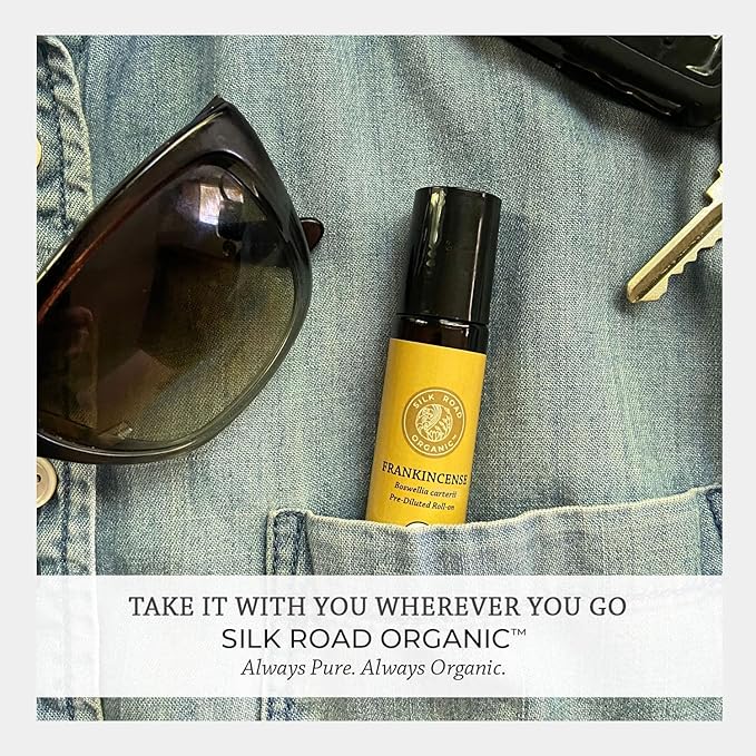 Silk Road Organic Frankincense Carterii Essential Oil Roll On, 100% Pure USDA Certified Aromatherapy for Radiant Skin, Body Aches, Stress Relief, & Calm - 10 ml Roller