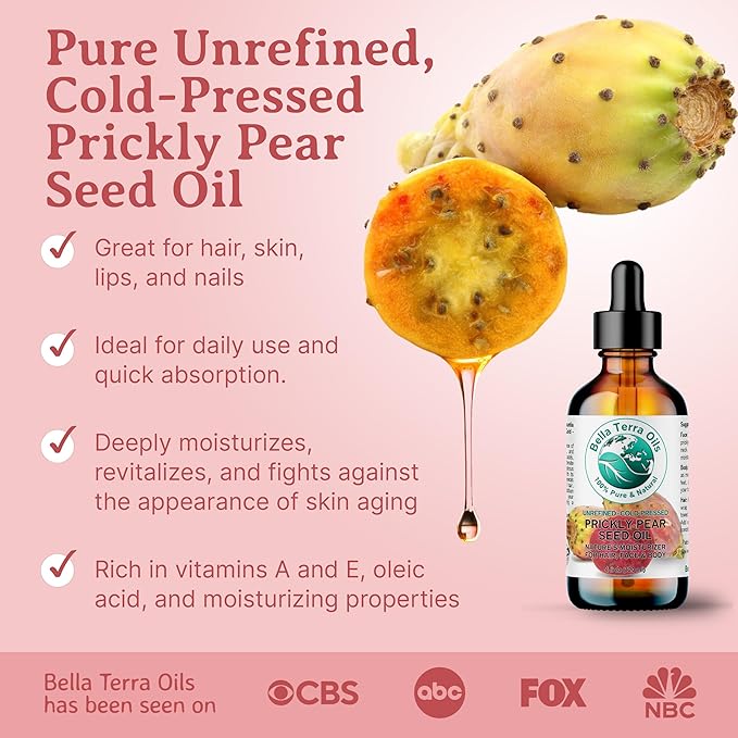 Bella Terra Oils - Prickly Pear Oil 16oz - Delve into the Cactus Oil Charm, Steeped in Calcium & Potassium, A Rare Gem for Timeless Beauty