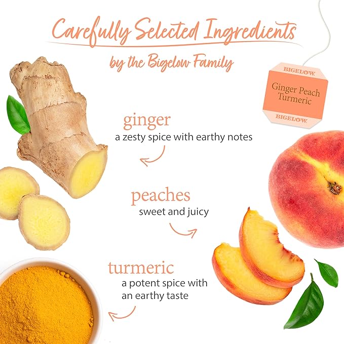 Bigelow Tea Ginger Peach Turmeric Herbal Tea, Caffeine Free Tea with Ginger and Peach, 18 Count Box (Pack of 6), 108 Total Tea Bags