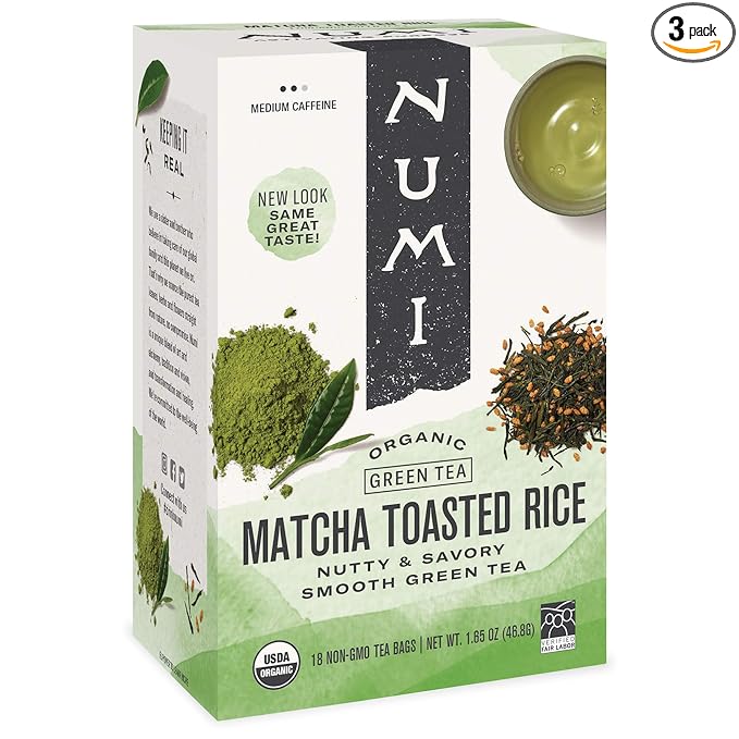 Numi Organic Tea Matcha Toasted Rice, 18 Count (Pack of 3) Box of Tea Bags, Green Tea (Packaging May Vary)