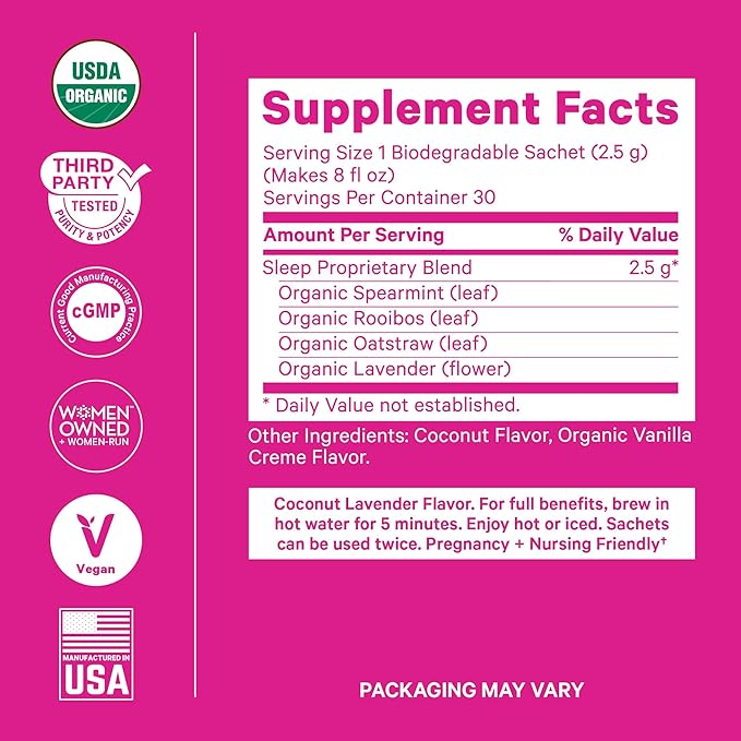 Pink Stork Organic Sleep Tea - Melatonin-Free - Calming Lavender Coconut Herbal Tea to Naturally Support Sleep - Pregnancy Friendly Bedtime Tea, Caffeine-Free - 15 Sachets, Hot or Iced