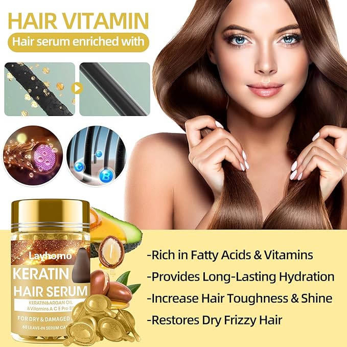 Keratin Hair Treatment Serum,60 Capsules Hair Treatment Oil for Dry Damaged Hair,Hair Oil with Keratin,Argan Oil-Leave-in Anti Frizz Conditioner with Vitamins A, C, E & B5- No Rinse for All Hair Types
