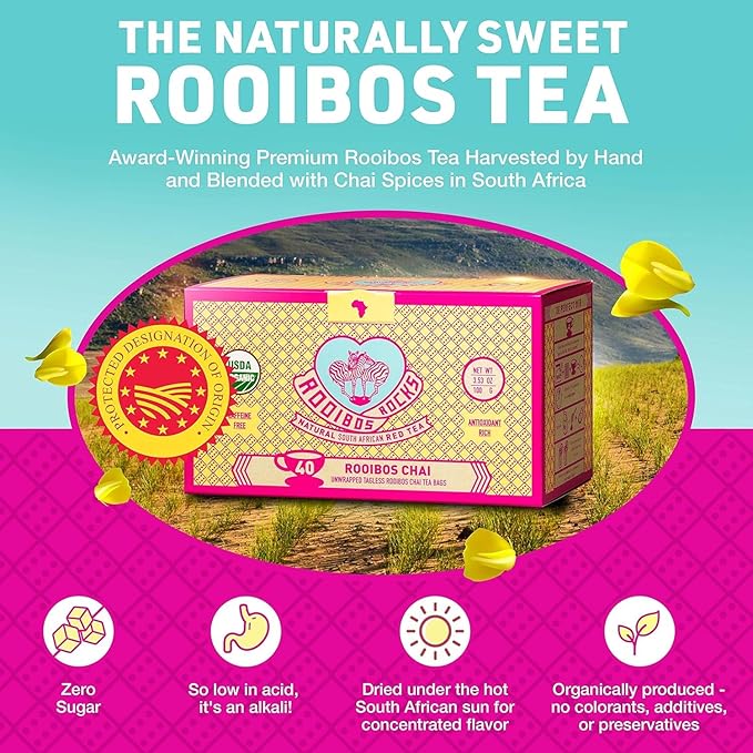Caffeine Free Chai Rooibos 40 Tea Bags – Ethically Farmed, USDA Organic Chai Tea Bags - South African Red Bush Caffeine Free Chai Tea in Tagless Teabags - Refreshing, Naturally Sweet Ultra Low Tannin