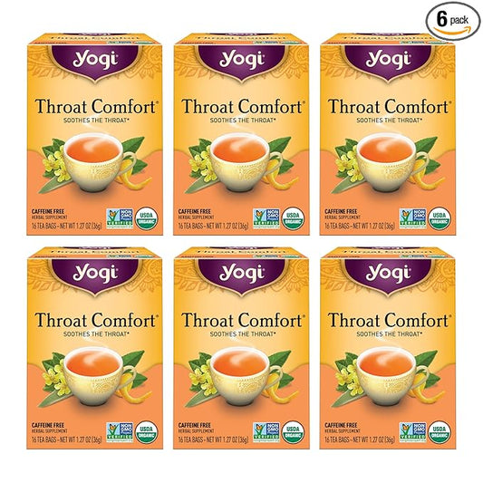 Yogi Tea - Throat Comfort (6 Pack) - Soothes the Throat with Wild Cherry Bark, Licorice Root, Mullein, and Ginger - Caffeine Free - 96 Organic Herbal Tea Bags