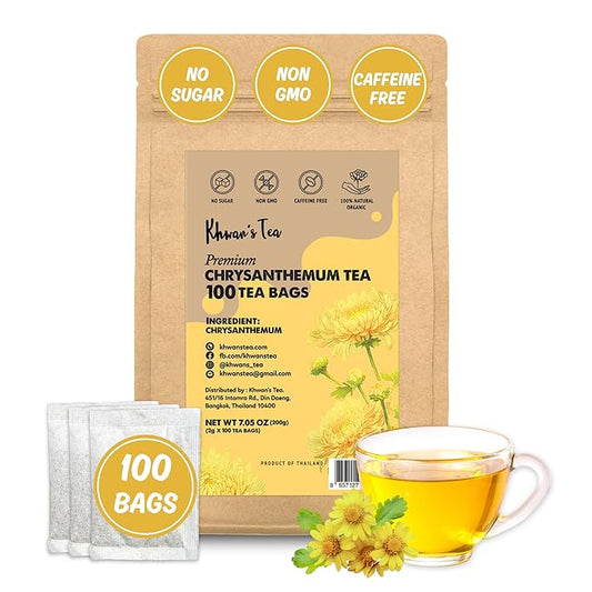 Chrysanthemum Tea Bags 2gx100 counts, Dried Chrysanthemum Flowers Powder Ground, Flower Tea Bag, Caffeine-Free, Non-GMO, Vegan - From Thailand (7oz)