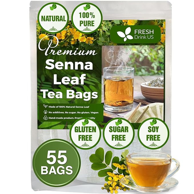 FreshDrinkUS, Premium 55 Senna Leaf Tea Bags, 100% Natural & Pure from Senna Leaves. Loose Leaf Senna Herbal Tea, Made with Natural Material Tea Bags, Senna Leaf Tea. No Sugar, No Caffeine, No Gluten, Vegan.