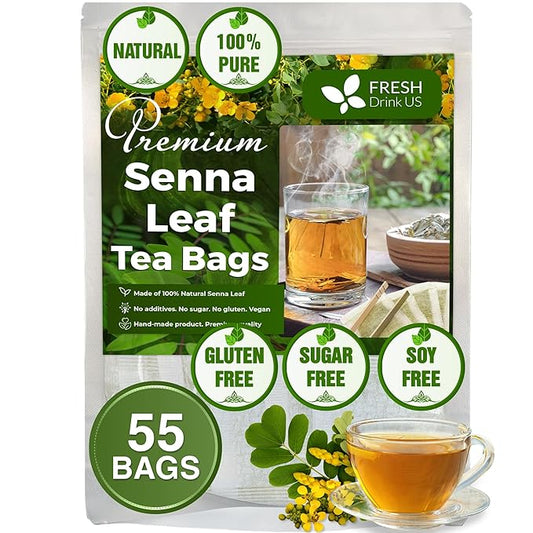 FreshDrinkUS, Premium 55 Senna Leaf Tea Bags, 100% Natural & Pure from Senna Leaves. Loose Leaf Senna Herbal Tea, Made with Natural Material Tea Bags, Senna Leaf Tea. No Sugar, No Caffeine, No Gluten, Vegan.