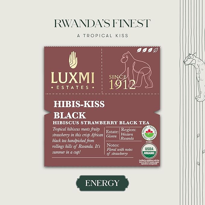 Luxmi Estates - Hibis-Kiss - Organic Hibiscus Tea - 25 Tea Bags | With Hibiscus, Strawberry, Organic Black Tea and Other Natural Extracts | Juicy, Triopical and Fresh