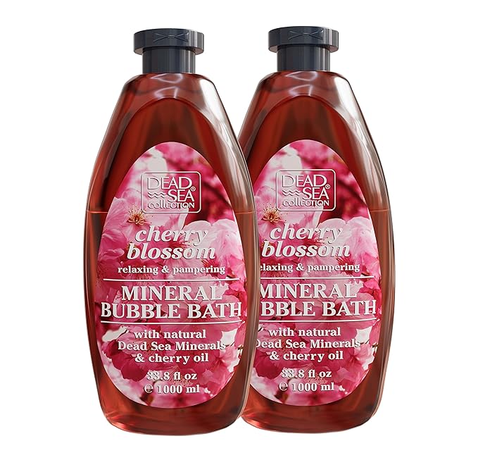 Dead Sea Collection Bubble Bath with Cherry Blossom for Women and Men – Cherry Seeds Oil and Dead Sea Salt - Nourishing and Moisturizing Skin - Pack of 2 (67.6 fl.oz)