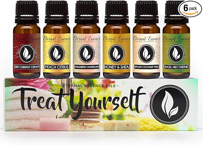 Eternal Essence Oils Treat Yourself Set of 6 Premium Fragrance Oils - Includes Peach Citrus, Strawberry Champange, Spiced Coconut Milk, Basil Nectarine, Red Currant Cream, & Honey & Shea - 10ML