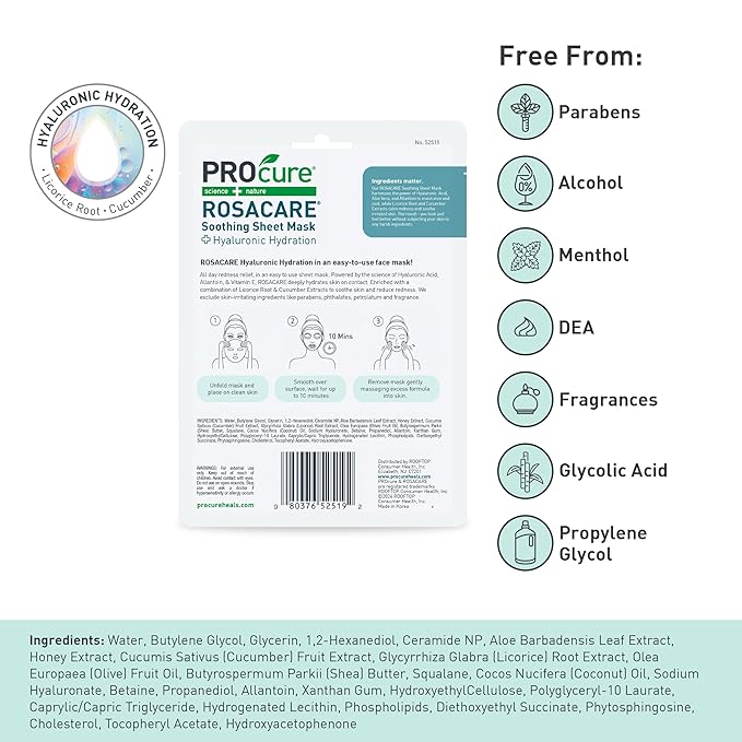 PROcure Rosacare Soothing Sheet Face Mask with Hyaluronic Hydrogel for Rosacea Symptoms, 5 Masks