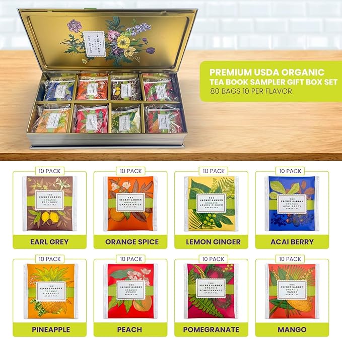 Premium Organic Tea Bag 80 Pack Sampler Designer Tin Book Gift Set 10 Per Flavor Assorted Variety Exotic Fruit Herbal Black And Green Teas Individually Wrapped (8 Flavors)