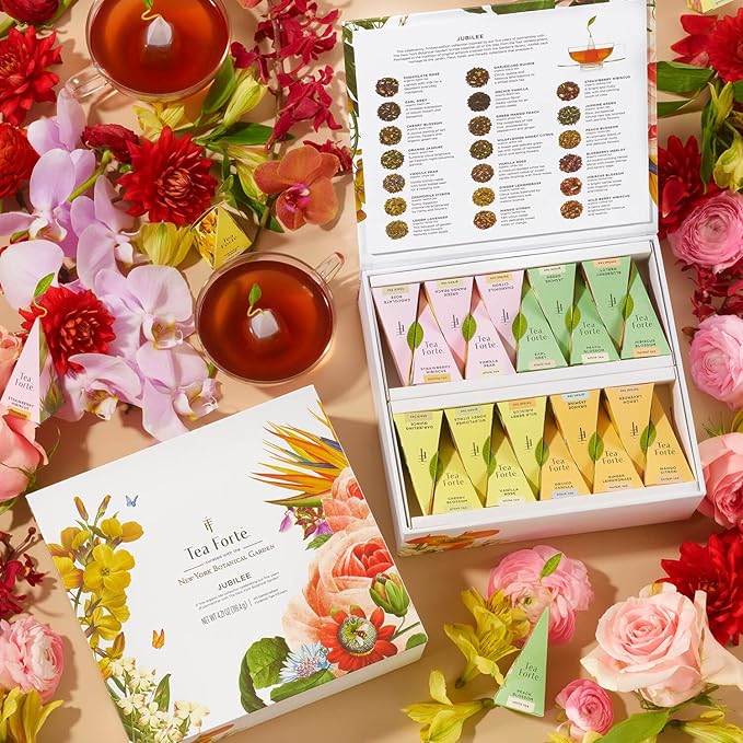 Tea Forte Tea Sampler, Jubilee Tea Chest, Tea Gift Set with 40 Pyramid Tea Infusers, Organic Loose Leaf Tea Variety with Assorted Teas/Tea Sampler Gift Box