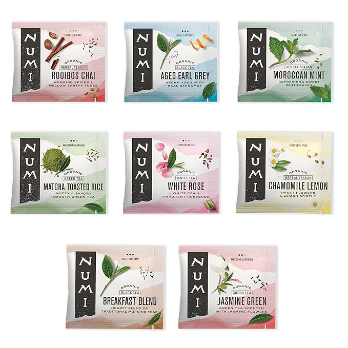 Numi Organic Tea Mini Sampler Variety Pack, 8 Count Box, Assorted Black Tea, Green Tea, White Tea, Herbal Tea Bags