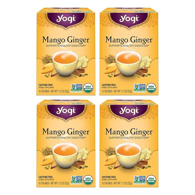 Yogi Tea Mango Ginger Tea - 16 Tea Bags per Pack (4 Packs) - Organic Ginger Root Tea to Support Healthy Digestion - Contains Antioxidants - Includes Cinnamon Bark, Rooibos Leaf, Mango Flavor & More