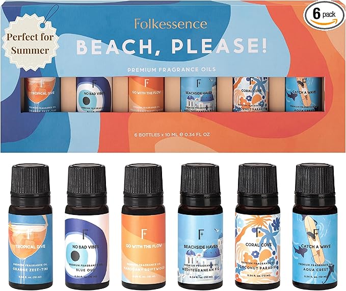 Folkulture Summer Essential Oils for Diffuser for Home | Set of 6 Premium Beach Oil Set | Oil Diffuser Summer Essential Oils for Candle Making Set for Women - Neroli & Grapefruit