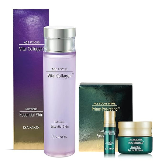 Spring Event ISA KNOX AGE FOCUS VITAL COLLAGEN Essential Toner by LG Beauty, PRIME Wrinkle For All Serum & PRIME Eye For All Cream (177 ml/5.99 fl oz) - Korean Skin Care by LG Beauty.