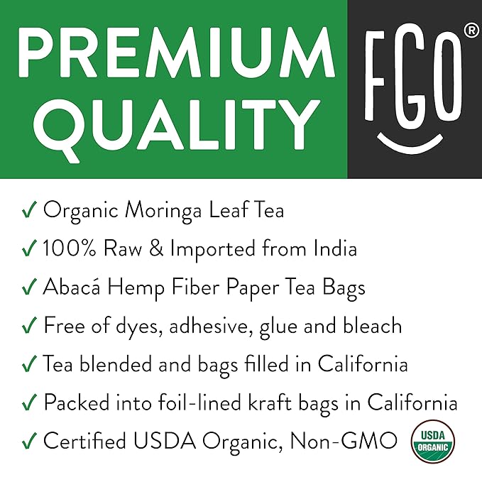 FGO Organic Moringa Tea, 100 Count, Eco-Conscious Tea Bags, Resealable Bag, Caffeine Free, Packaging May Vary (Pack of 1)