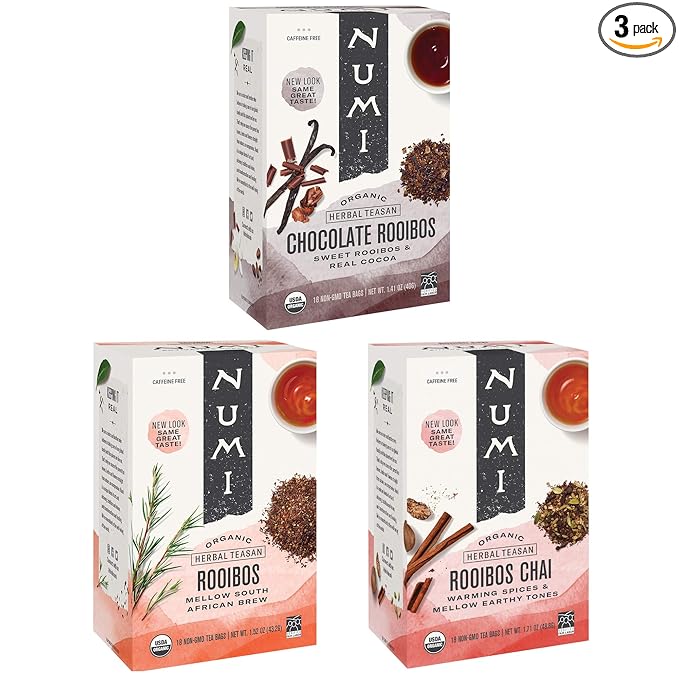 Numi Organic Rooibos Tea Variety Pack, 18 Tea Bags (Pack of 3), Chocolate Rooibos, Rooibos Chai, Rooibos (Packaging May Vary)