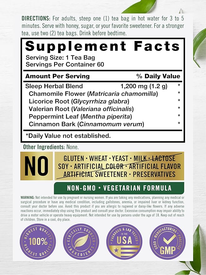 Carlyle Sleep Tea Extra Strength | 60 Tea Bags | Caffeine Free | Bedtime Tea | Herbal Blend with Valerian Root | Vegetarian, Non-GMO, Gluten Free