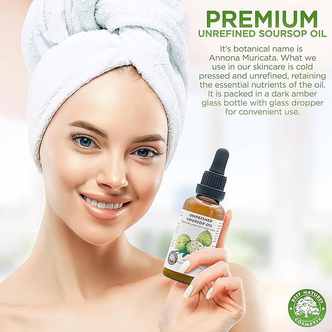 Best Nature's Cosmetics Virgin Soursop Graviola Guanabana Oil (Organic, Undiluted, Cold Pressed, Unrefined) 1 oz / 30 ml – Natural Moisturizer for Dry and Damaged Skin.