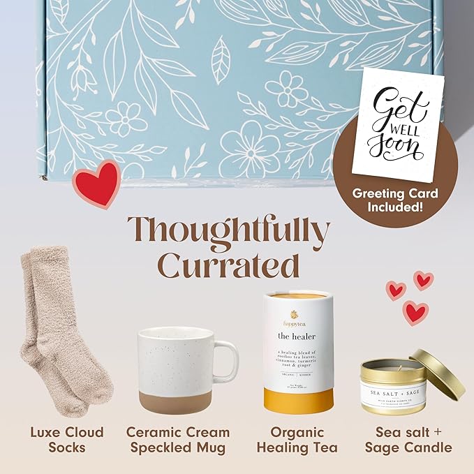 Unboxme Comforting Care Package for Women - Organic Self-Care Get Well Soon Gift Basket with Fluffy Socks, Lemon Ginger Tea Set, Sea Salt, Scented Candle - Ideal Post-Surgery & Feel Better Basket