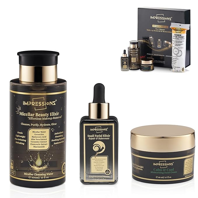 ImpressionZ 3-Step Skincare Set for Women | Micellar Water Makeup Remover, Snail Mucin Serum for Wrinkles, Hydrating Face Cream for Dry Skin with Cotton Rounds | Night Routine Kit for all skin types