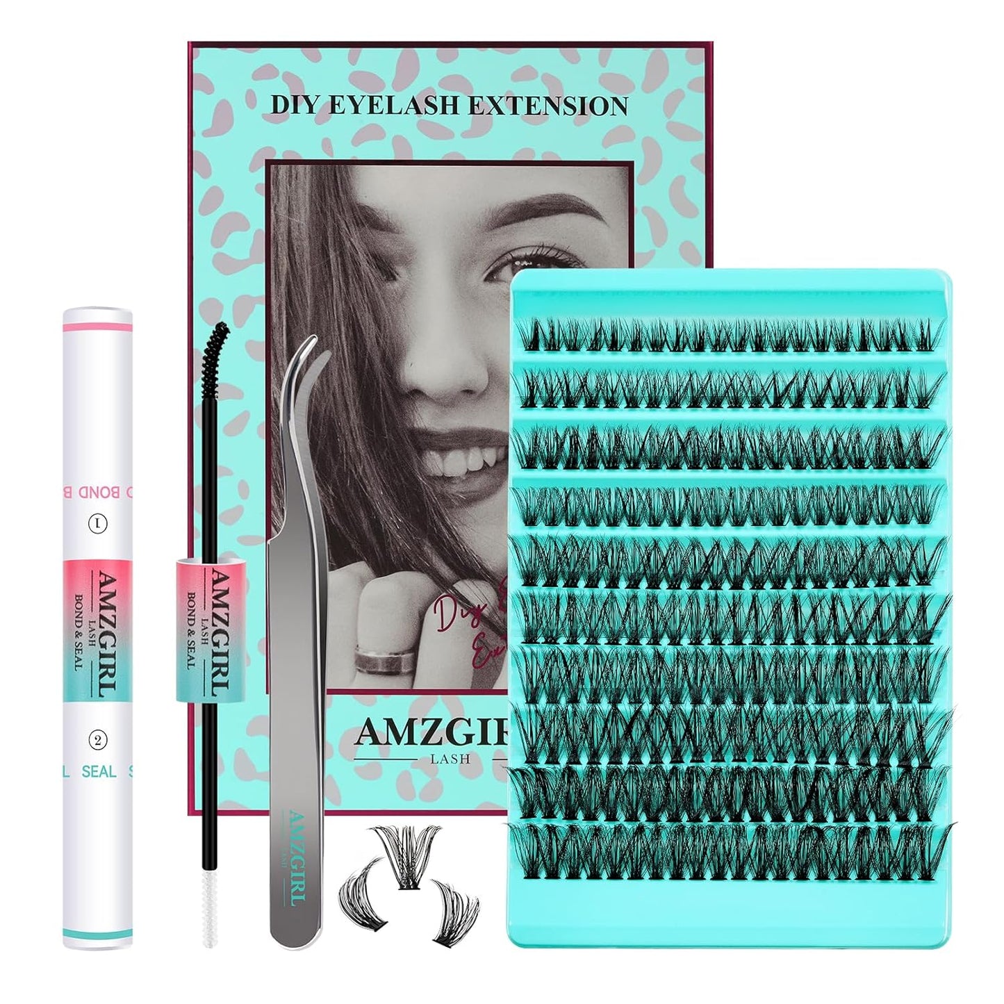 Lash Clusters Kit 200PCS 50D Eyelash Extension Kit D Curl Wispy Eyelash Clusters DIY Natural Individual Lashes Kits Lashes Extensions Kit with Lash Bond and Remover Eyelash Tweezer at Home（White Bond）