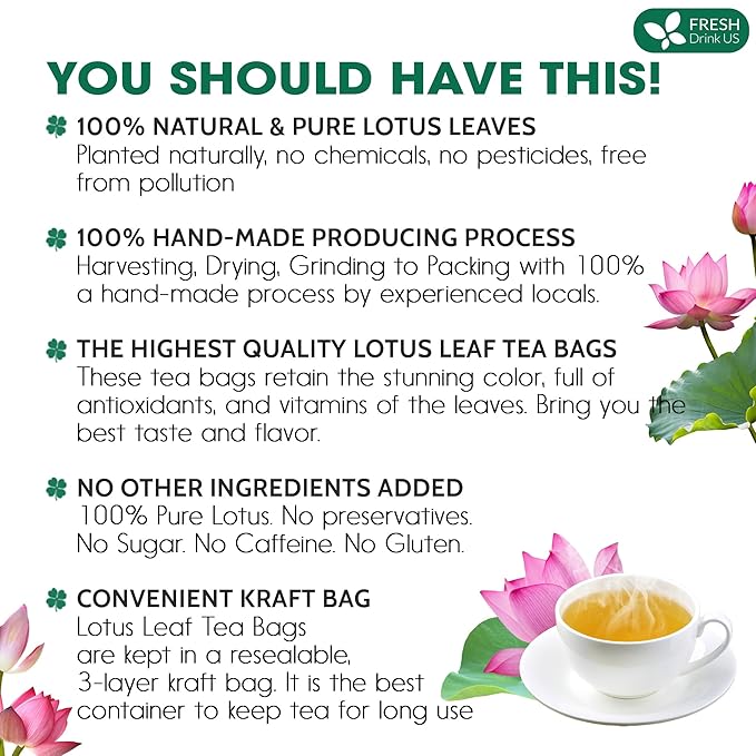 FreshDrinkUS, Premium 30 Lotus Leaf Tea Bags, 100% Natural & Pure from Lotus Leaves. Loose Leaf Lotus Herbal Tea. Made with Eco-Conscious Tea Bags. No Sugar, No Caffeine, No Gluten, Vegan.