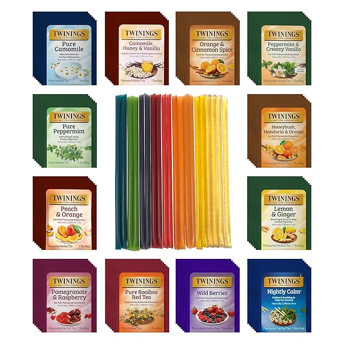 Tea Bunch Twinings 48 Tea Bags Herbal Variety Pack – 12 Herbal Flavors with 20 Honey Sticks, Perfect Tea Gift Set for Any Occasion