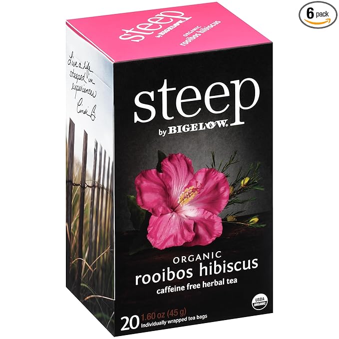 steep by Bigelow Organic Rooibos Hibiscus Herbal Tea, Caffeine Free, 20 Count (Pack of 6), 120 Total Tea Bags