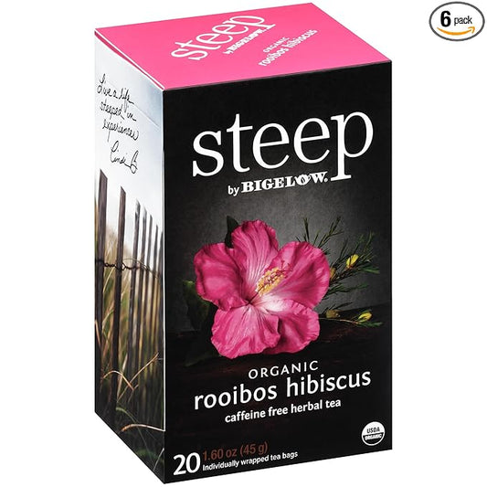 steep by Bigelow Organic Rooibos Hibiscus Herbal Tea, Caffeine Free, 20 Count (Pack of 6), 120 Total Tea Bags